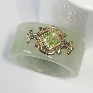 Peridot Jade Gold over Silver Wide Band Ring size 7